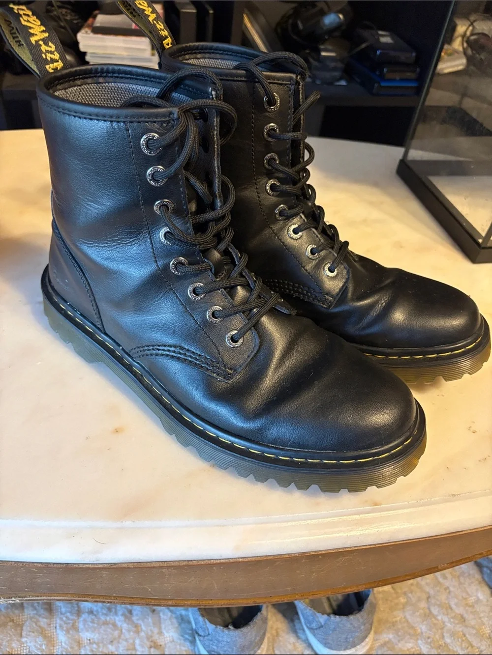 Dr. Martens Black Leather 8-Eye Lace-Up Boots with Yellow Stitching